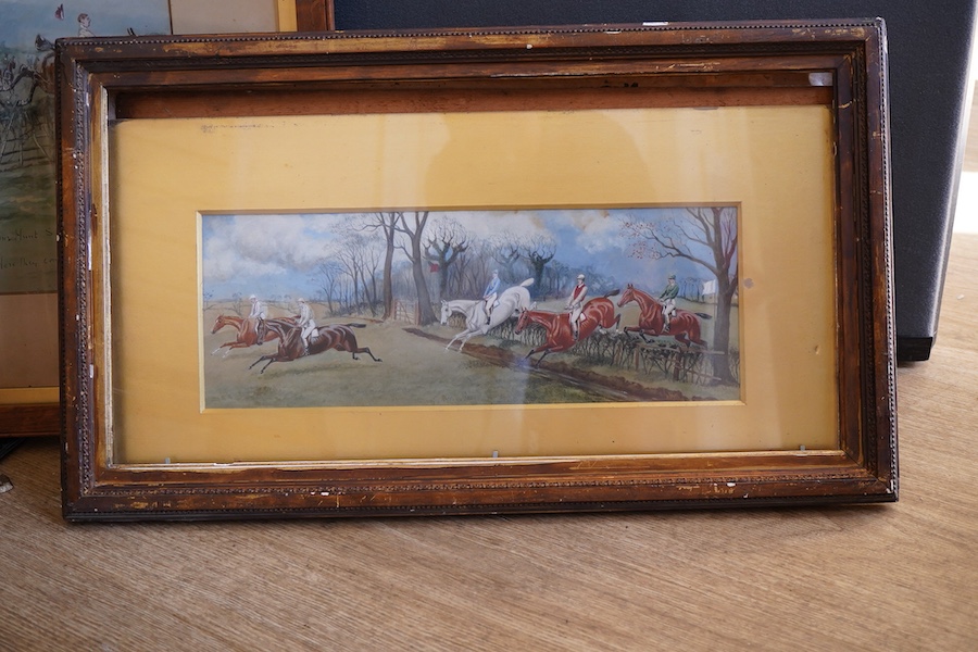 George Finch Mason (1850-1915), ‘Hunt Steeplechase, The Preliminary Hurdle’, signed and inscribed, watercolour, together with a similar watercolour by an unknown hand, largest 26 x 36cm